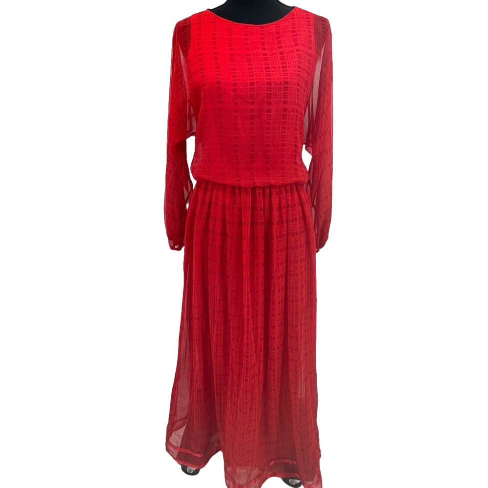 Vintage 1970s‎ Victor Costa Red Polyester Long Sleeve Maxi Dress Sz 12